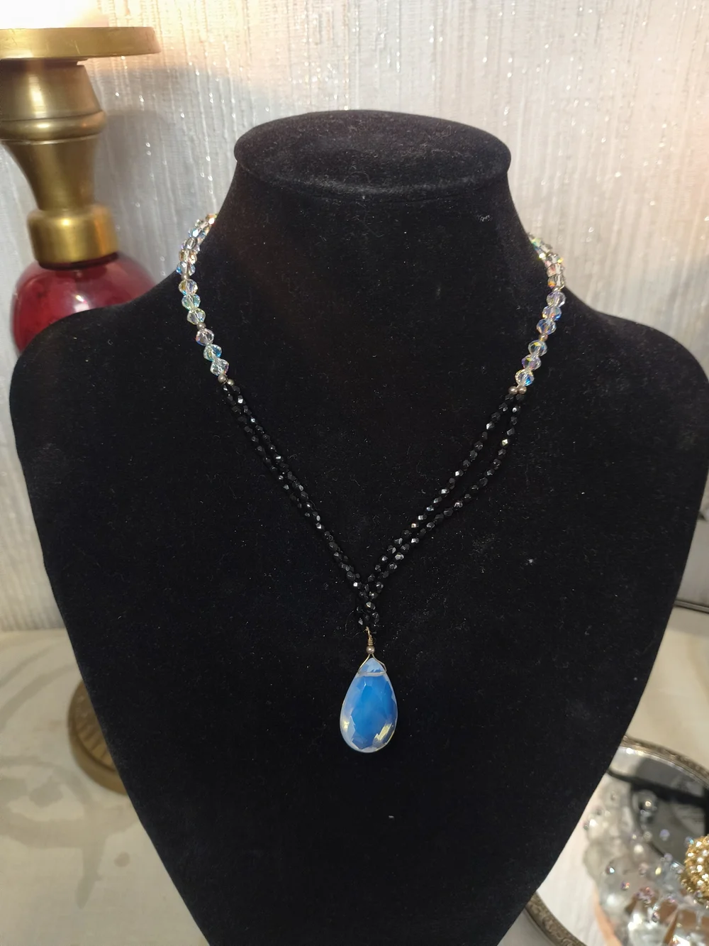 925 Sterling Silver Black Beaded Crystal Blue Teardrop Statement Necklace